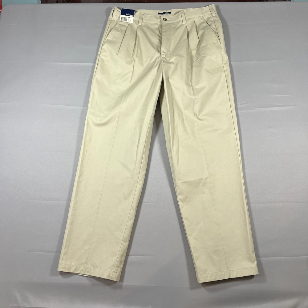 Basic Editions Khakis Pants Mens‎ 36X32 Beige Pleated Wrinkle Resistant Straight